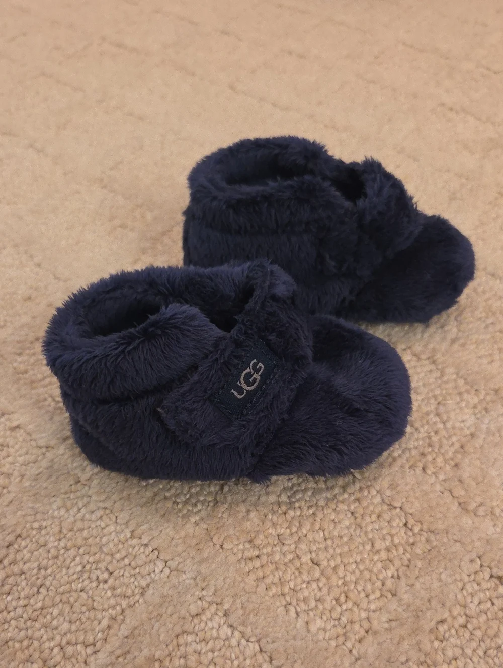UGG Kids Navy Plush Bootie Slippers with Hook-and-Loop Strap